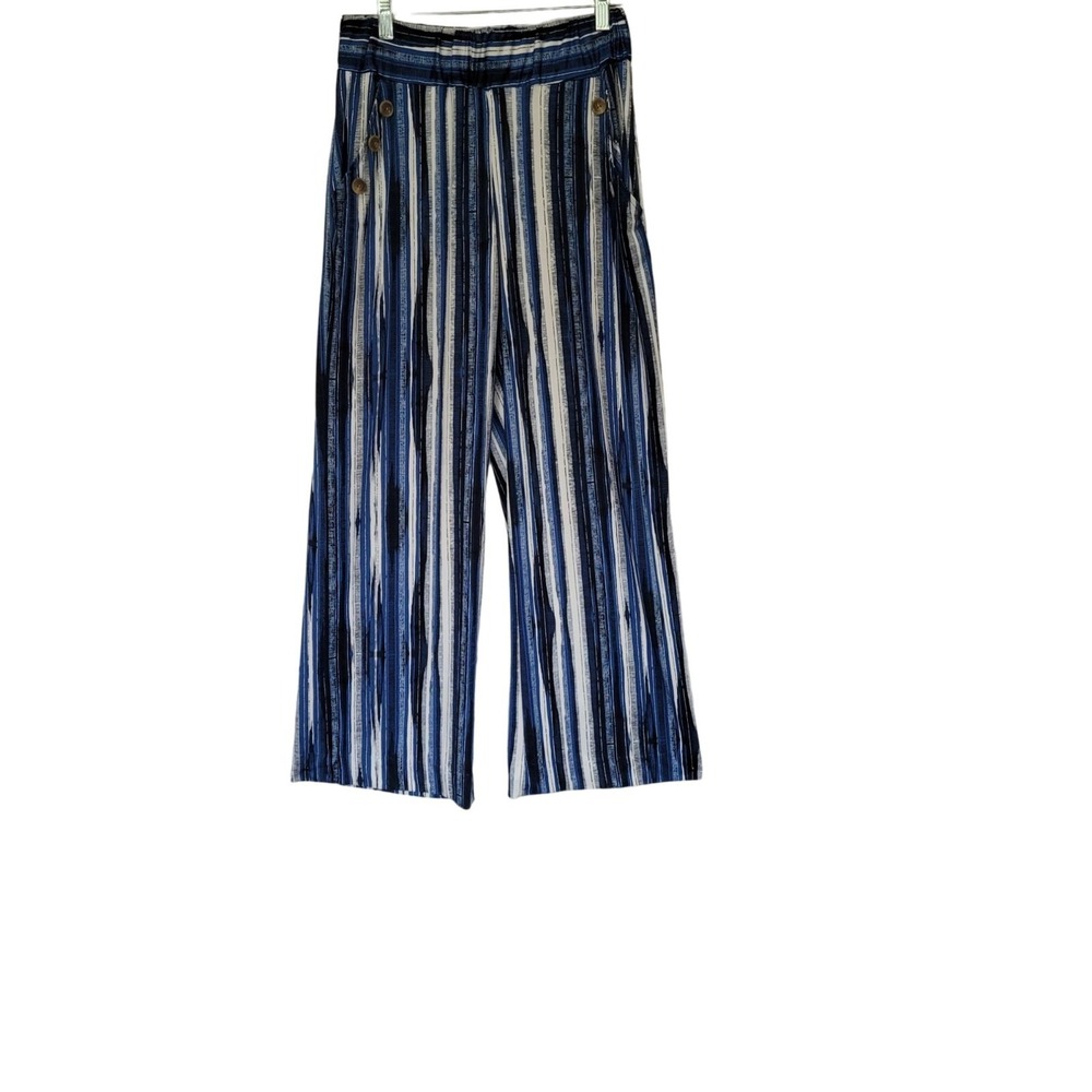 Robert Louis Palazzo Pants S Wide Leg Elastic Waist Blue Stripe Pockets Stretch